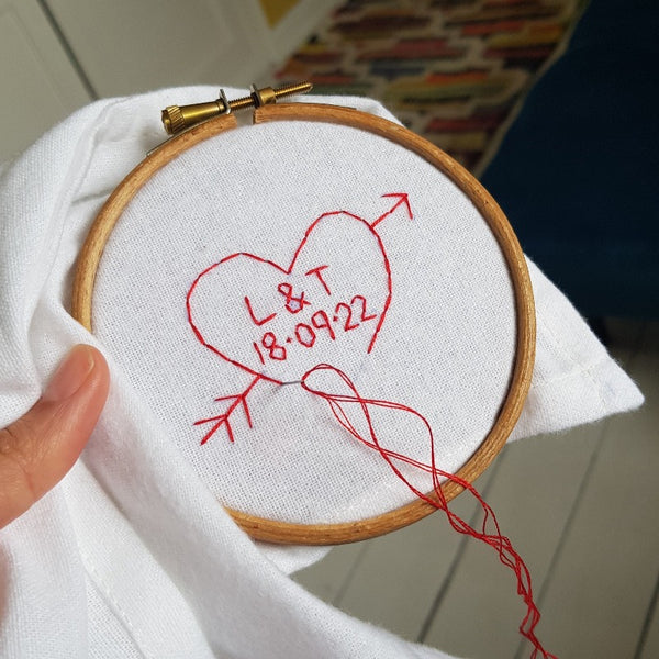 personalised handkerchief gift, made from white organic cotton, hand embroidered with custom heart, initials of couple and wedding or anniversary date