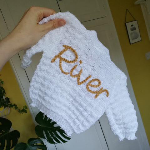 personalised baby name cardigan, embroidered with new baby boy name in beige  knit