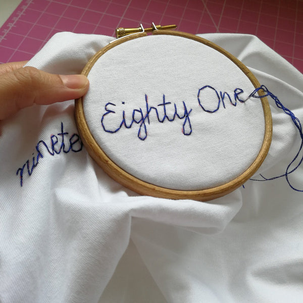 organic cotton white slogan t-shirt, embroidered with 'nineteen eighty one' in navy thread. personalised birth year birthday gift for her