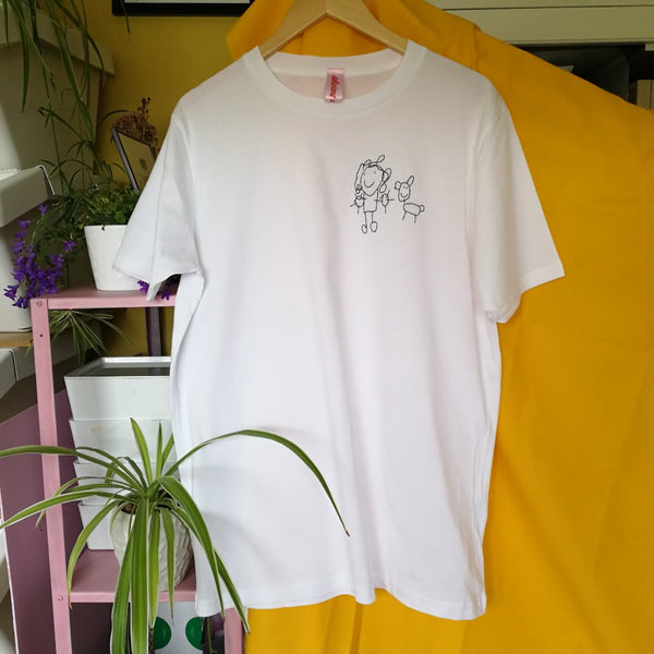 personalised t-shirt, made from white organic cotton, hand embroidered with kids drawing, as gift for mummy or daddy
