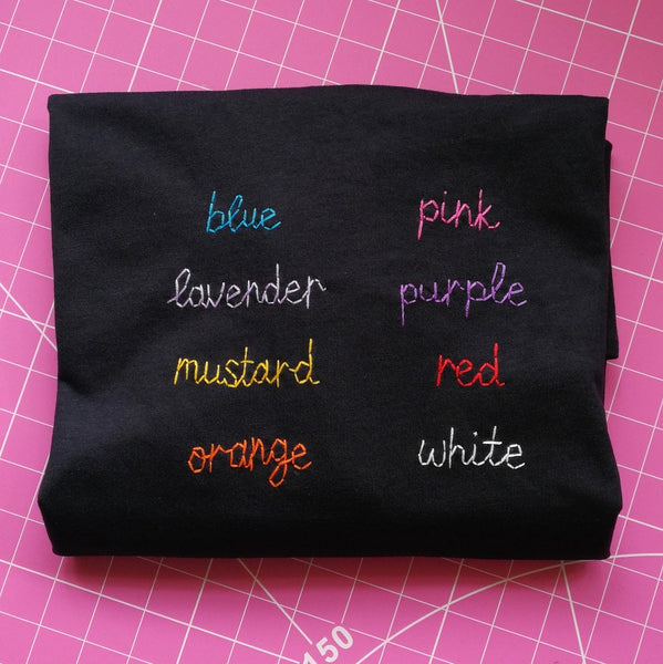 hand embroidery thread colour options for personalised t-shirt