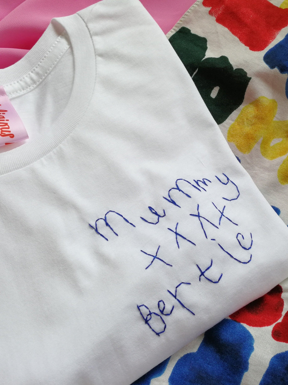 child's handwriting embroidered on a personalised tee for mum 34
