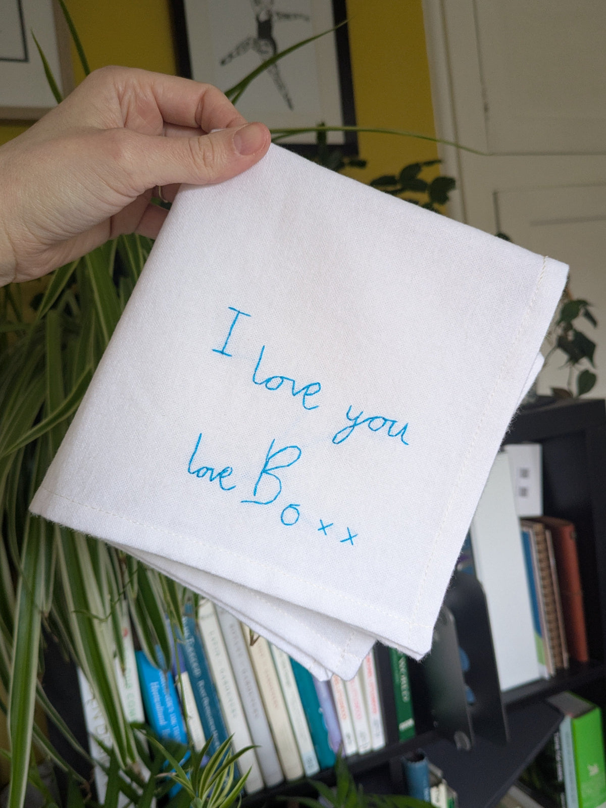child's handwriting on a hanky for mothers day gift