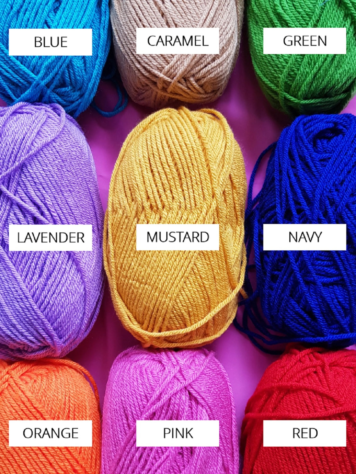 Embroidery thread colour options for personalised baby cardigan including blue, caramel, green, lavender, mustard, navy, orange, pink and red