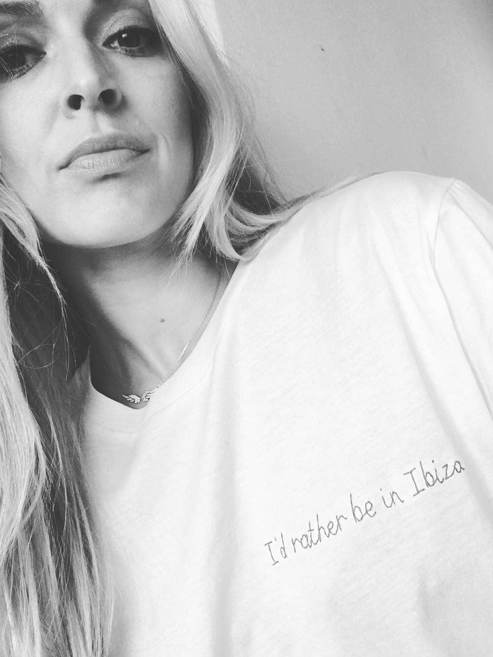 fearne cotton wearing personalised embroidered t-shirt with slogan i'd rather be in ibiza