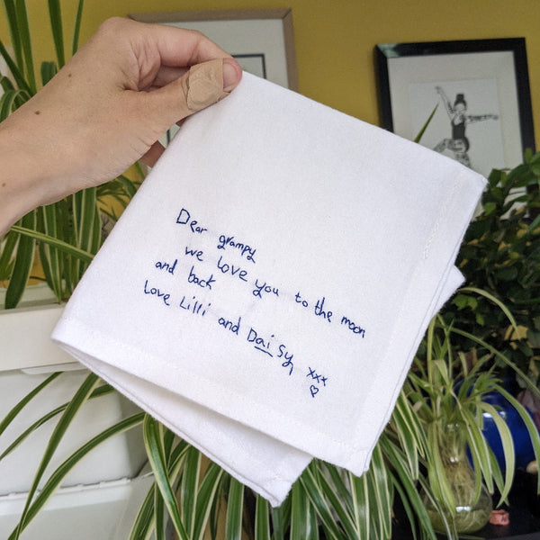 White handkerchief with handwritten message held by a hand, with plants and framed pictures in the background.