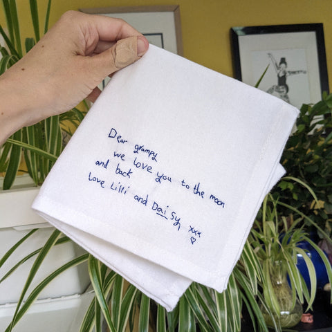White handkerchief with handwritten message held by a hand, with plants and framed pictures in the background.
