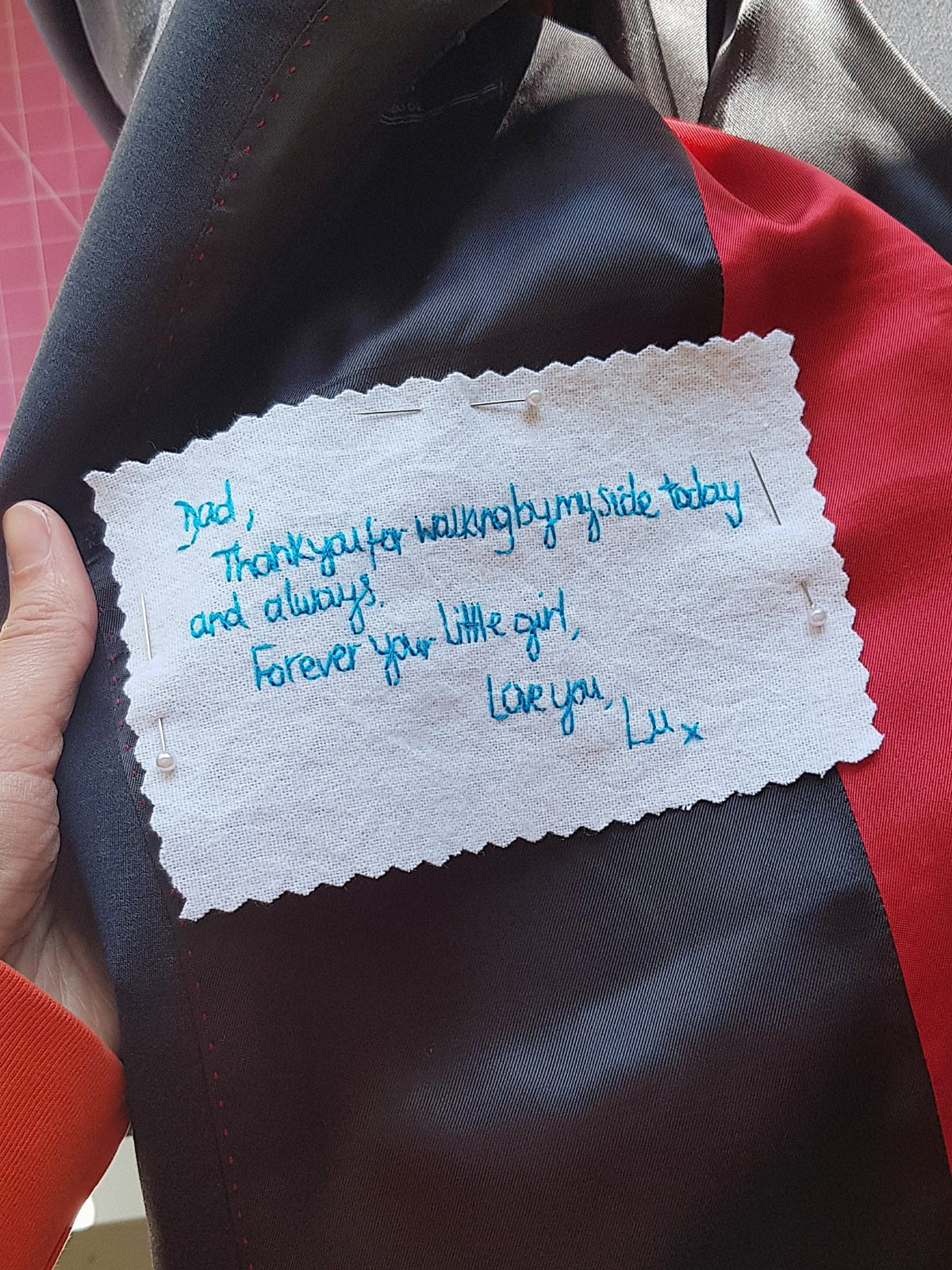 hand embroidered patch for father of the brides suit