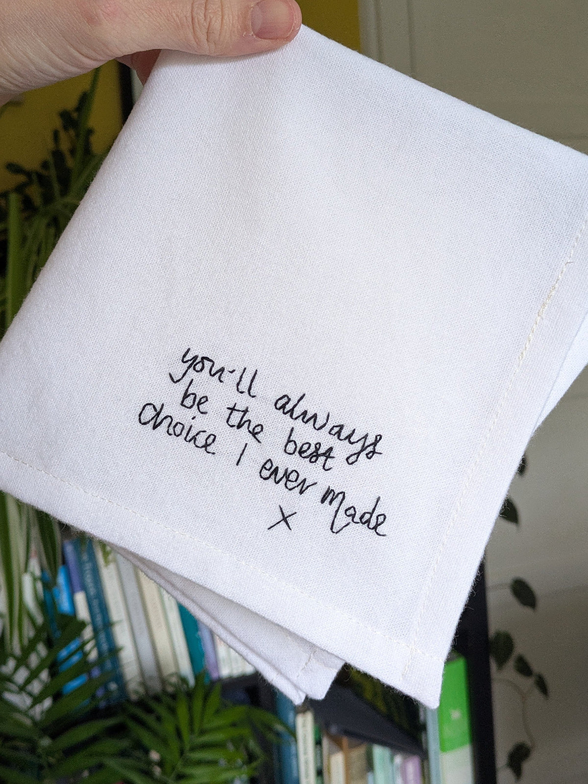 handwritten message embroidered on cotton hanky for valentines day gift