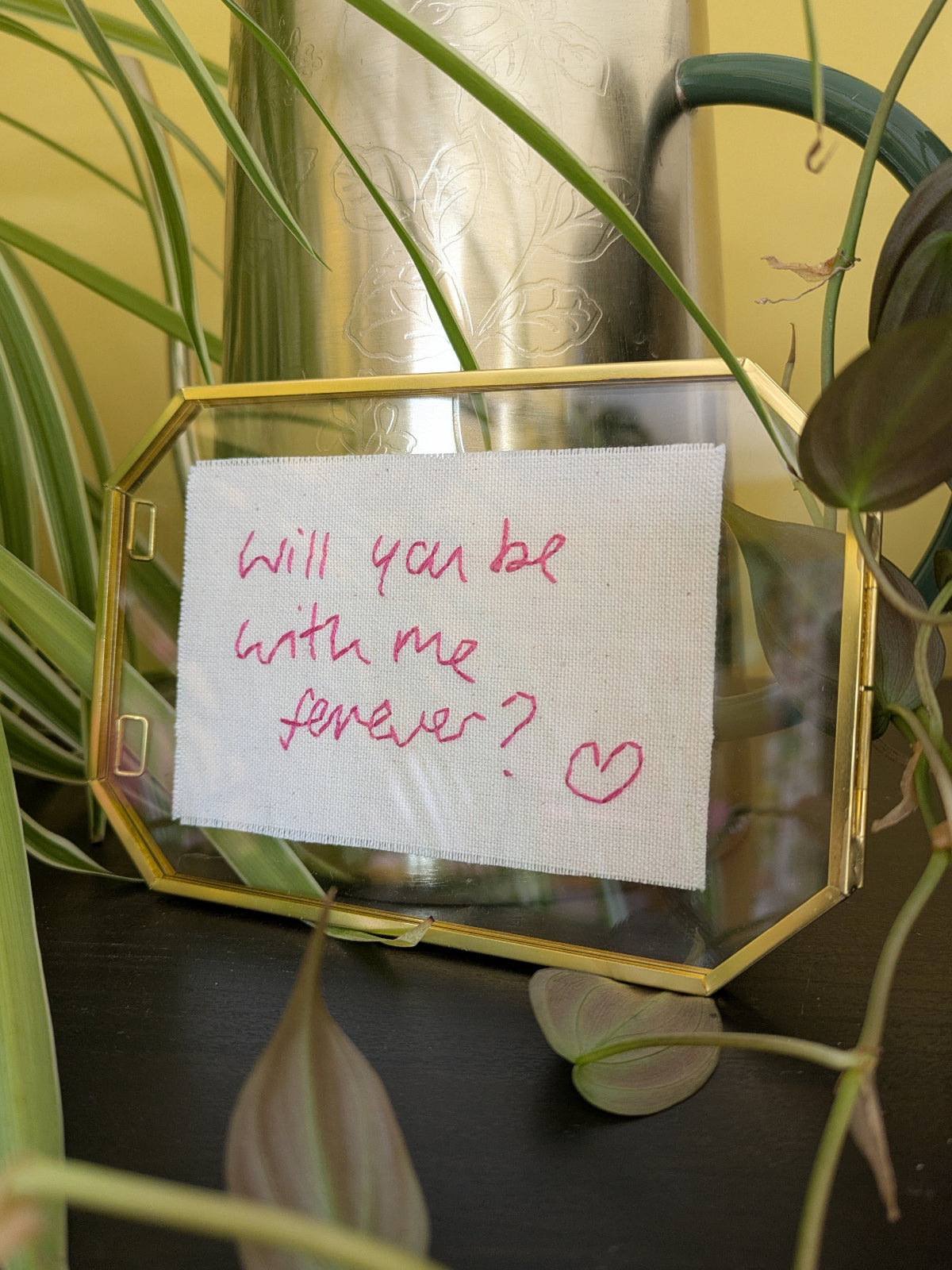 handwritten message embroidered on cotton to be framed and gifted just because