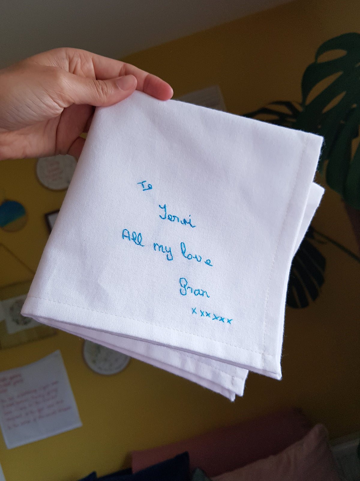 keepsake memorial gift hanky with handwritten message from grandma