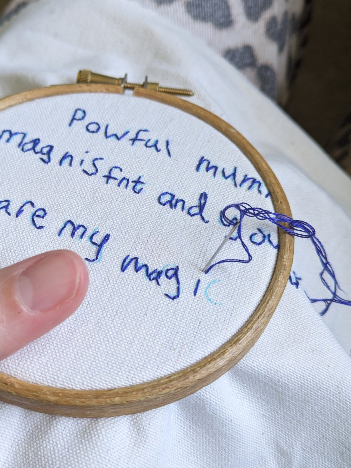 personalised child's handwriting being hand embroidere