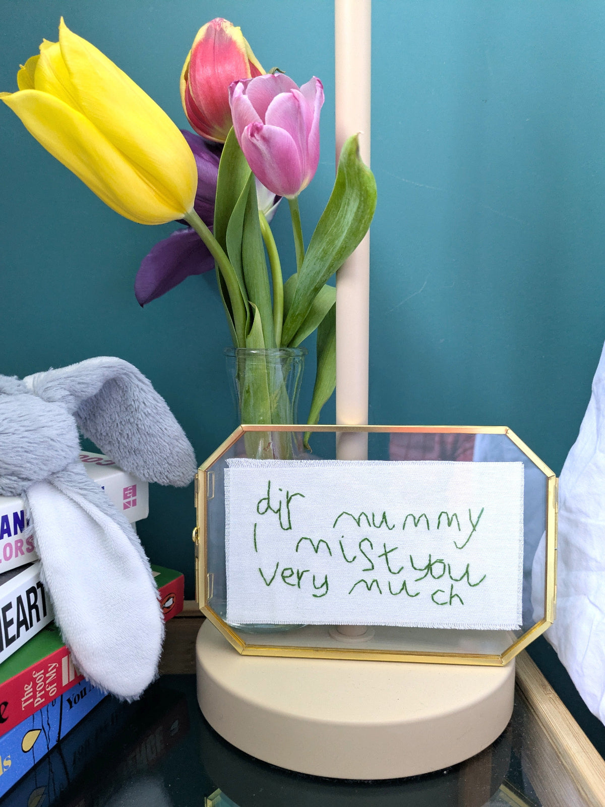 personalised child's handwriting hand embroidered on cotton made to be framed 2