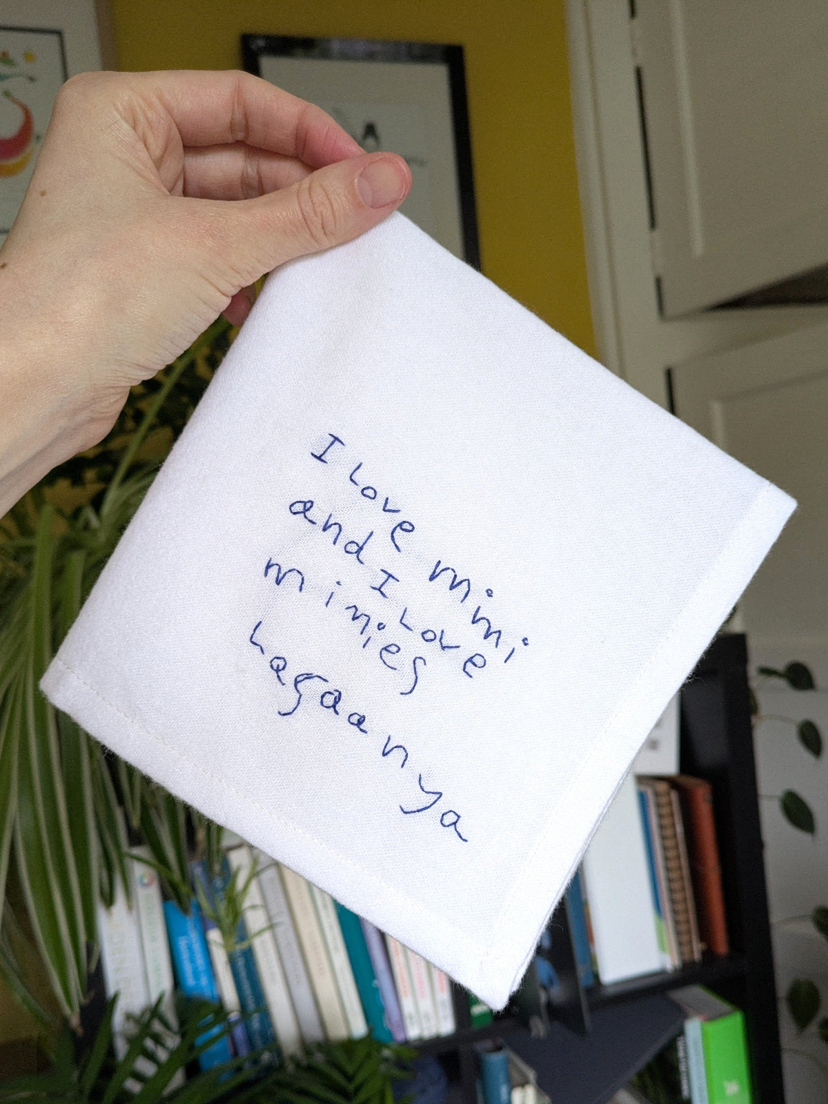 personalised child's handwriting handkerchief with hand embroidered message for grandma from child