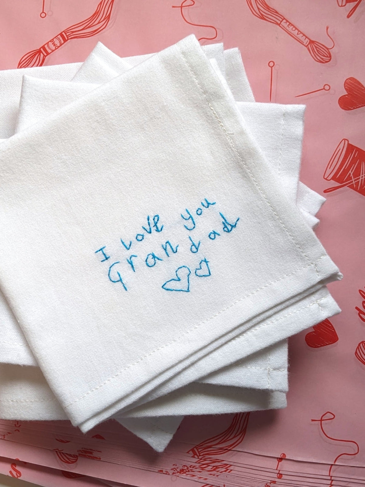 personalised child's handwriting handkerchief with embroidered message for grandad