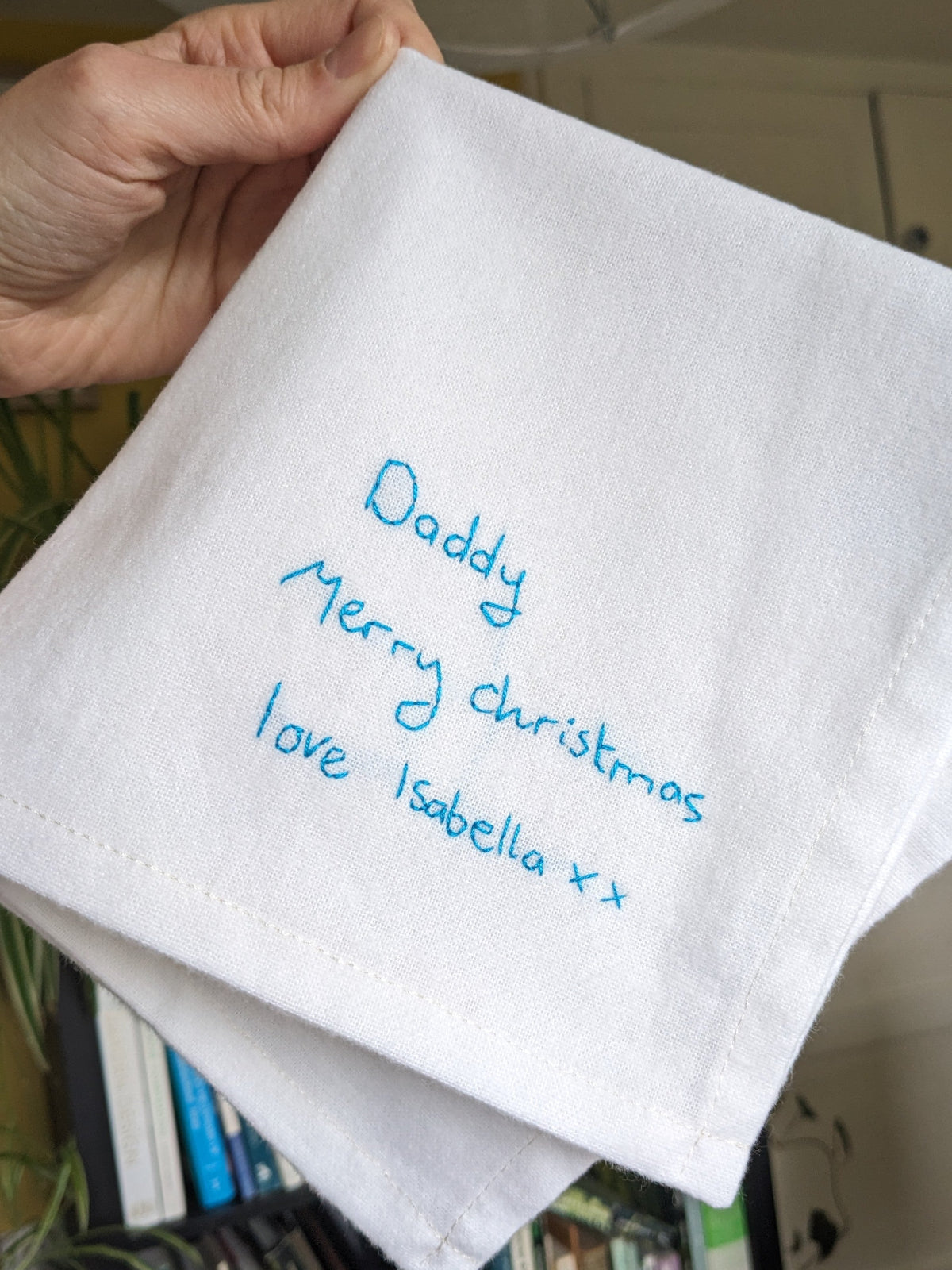 personalised child's handwriting handkerchief with hand embroidered message for christmas
