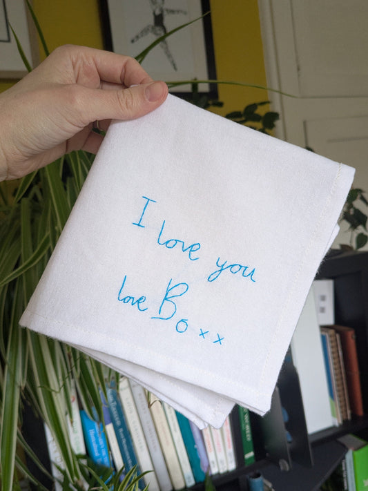 personalised child's handwriting handkerchief with embroidered message for dad