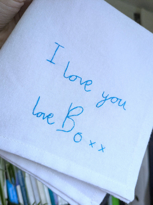 personalised child's handwriting handkerchief with hand embroidered message for dad