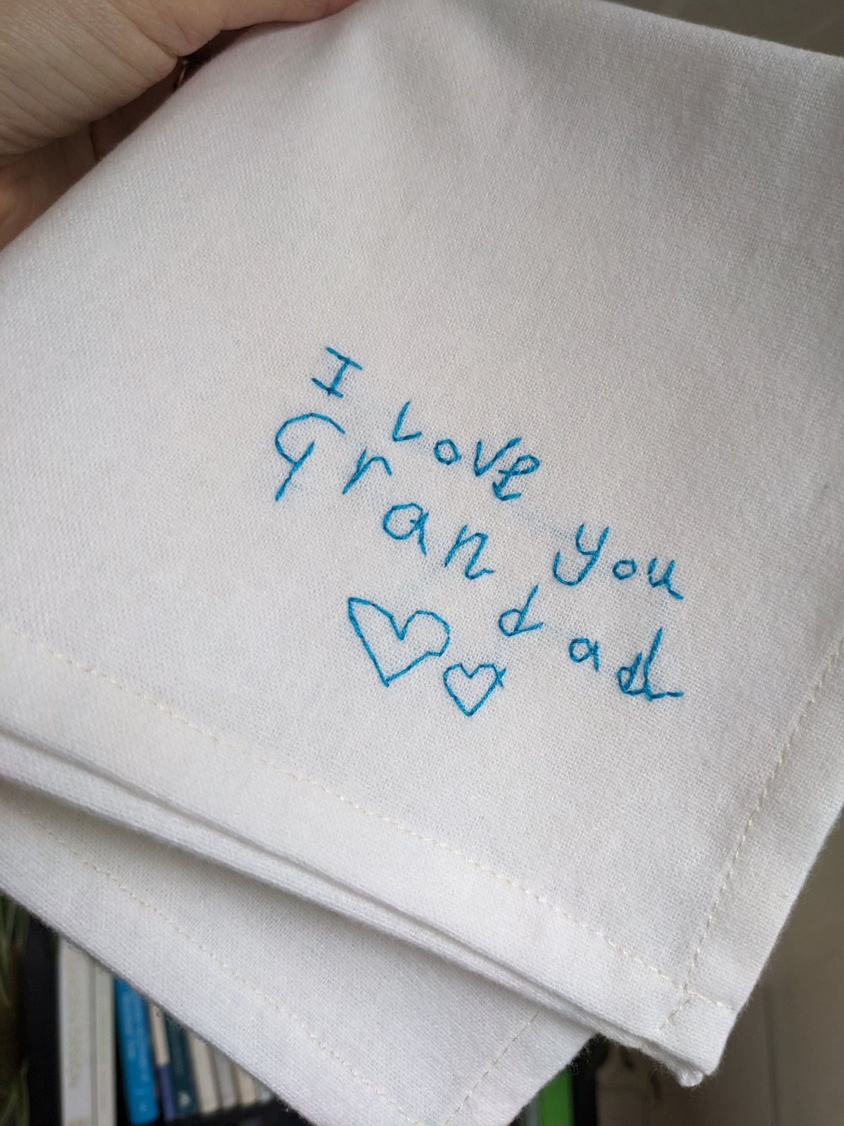 personalised child's handwriting handkerchief with hand embroidered message for grandd