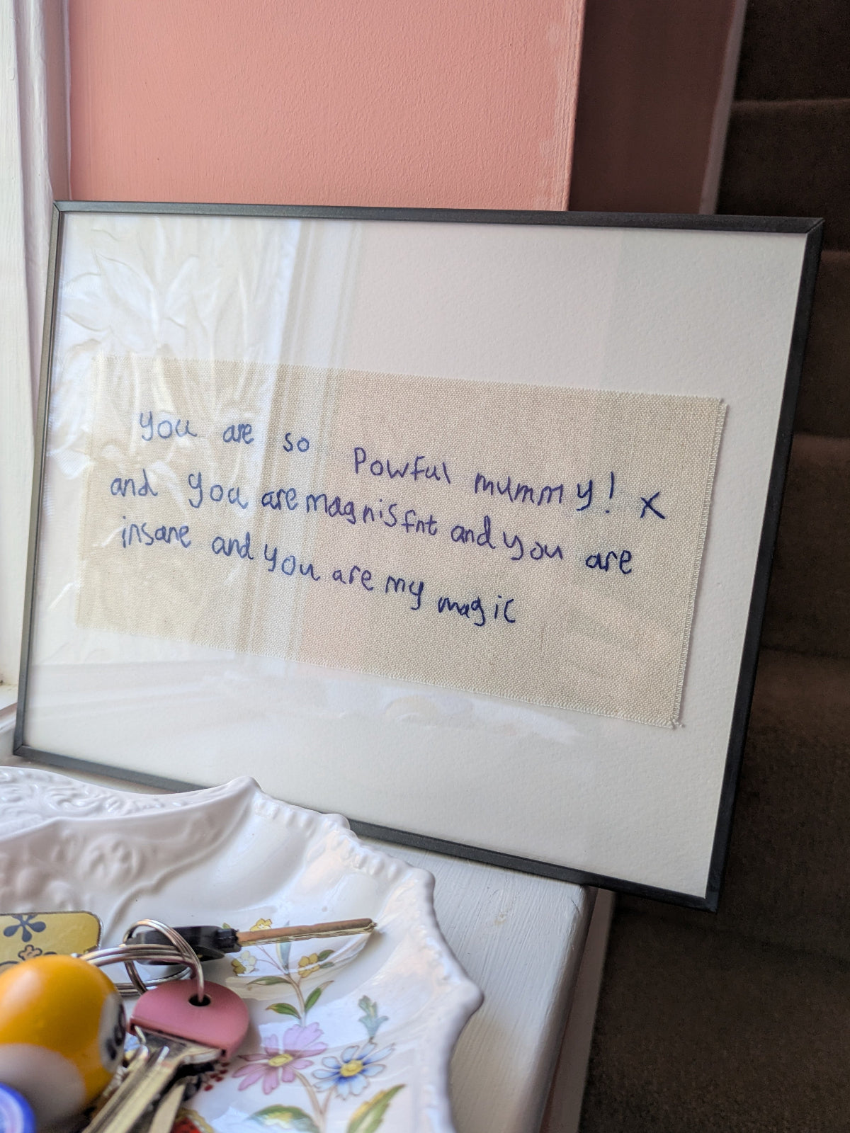 personalised child's handwritten message for mum hand embroidered on cotton made to be framed
