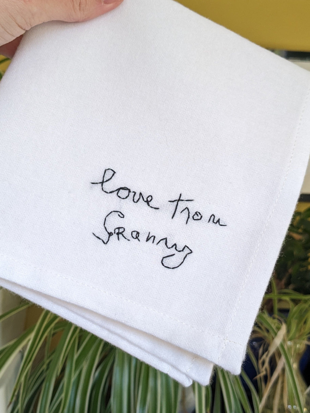 personalised handkerchief with handwritten message from granny as wedding memorial