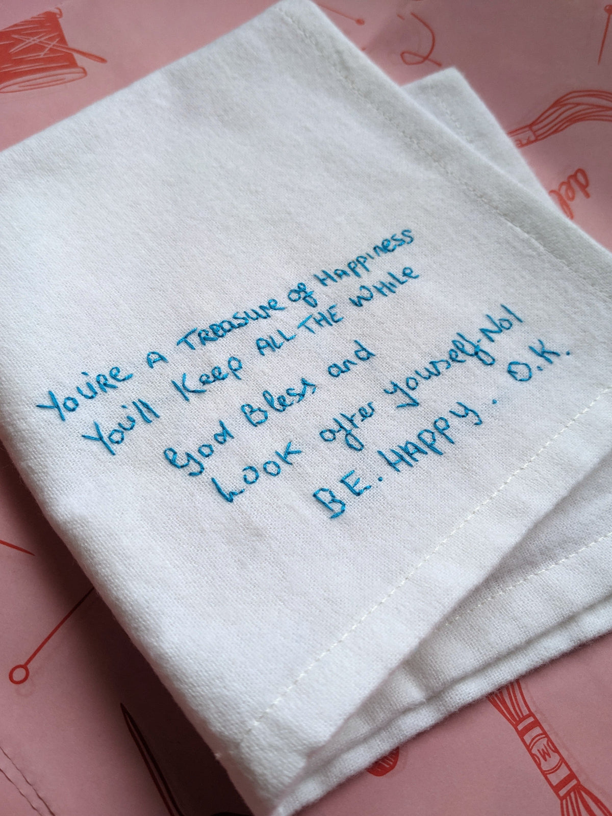 personalised handwriting handkerchief with blue hand embroidered message in loving memory of nan