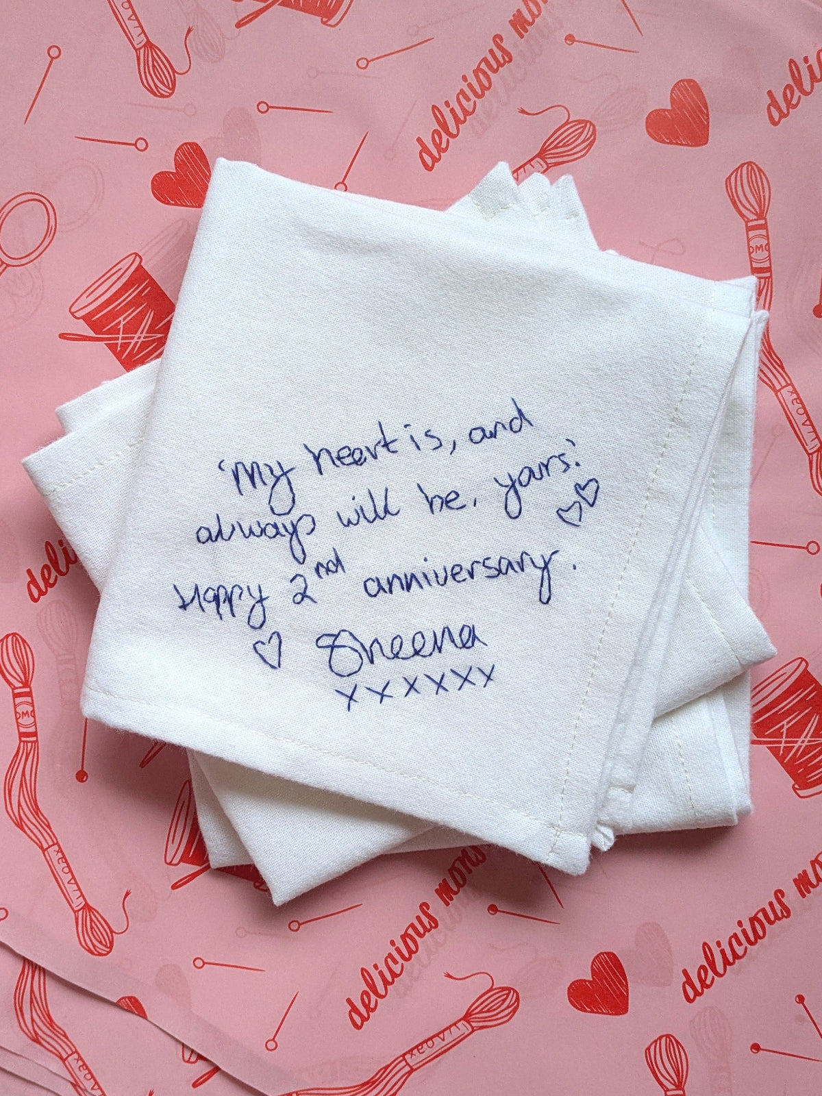 personalised handwriting handkerchief with cotton hand embroidery for second anniversary