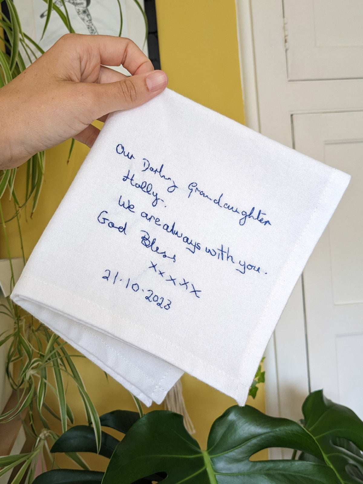 personalised handwriting handkerchief with hand embroidered message for wedding memorial