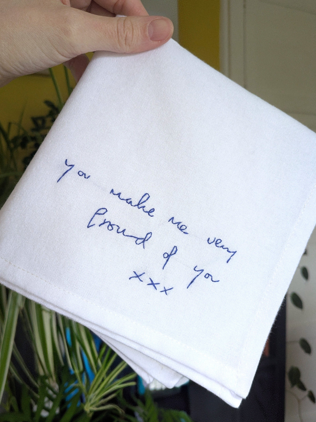 personalised handwriting handkerchief with hand embroidered message from loss of parent