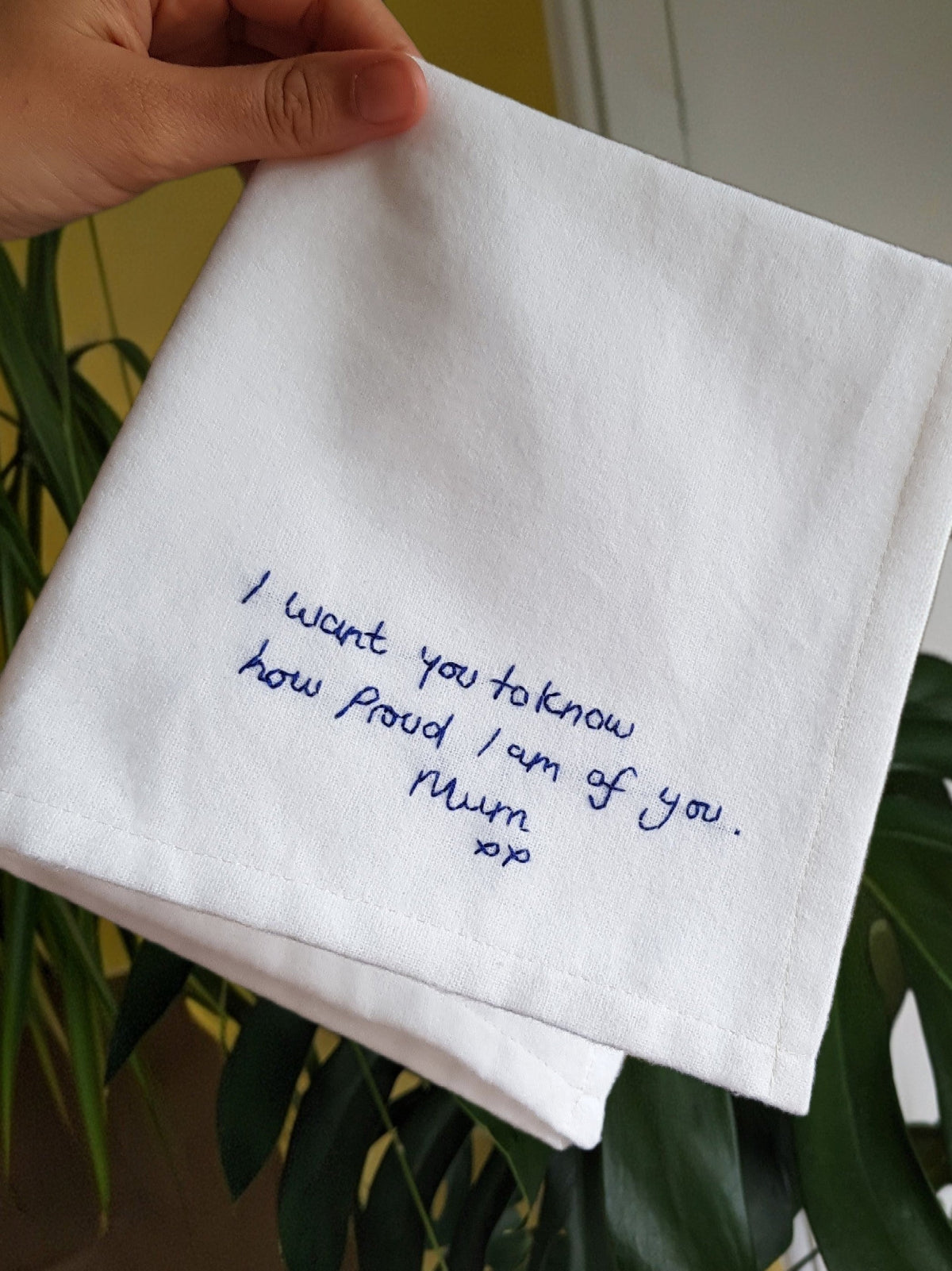 personalised handwriting handkerchief with hand embroidered message from mum