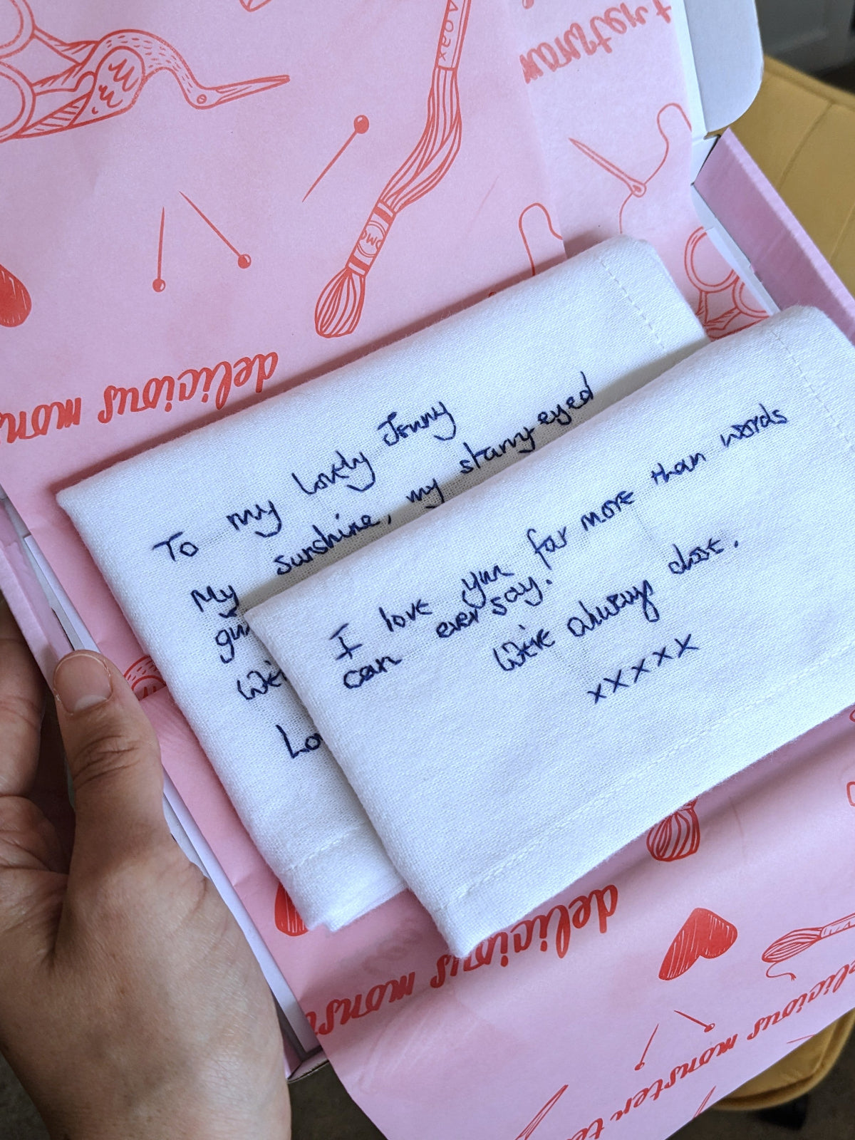 personalised handwriting handkerchiefs wrapped in pink and red tissue paper