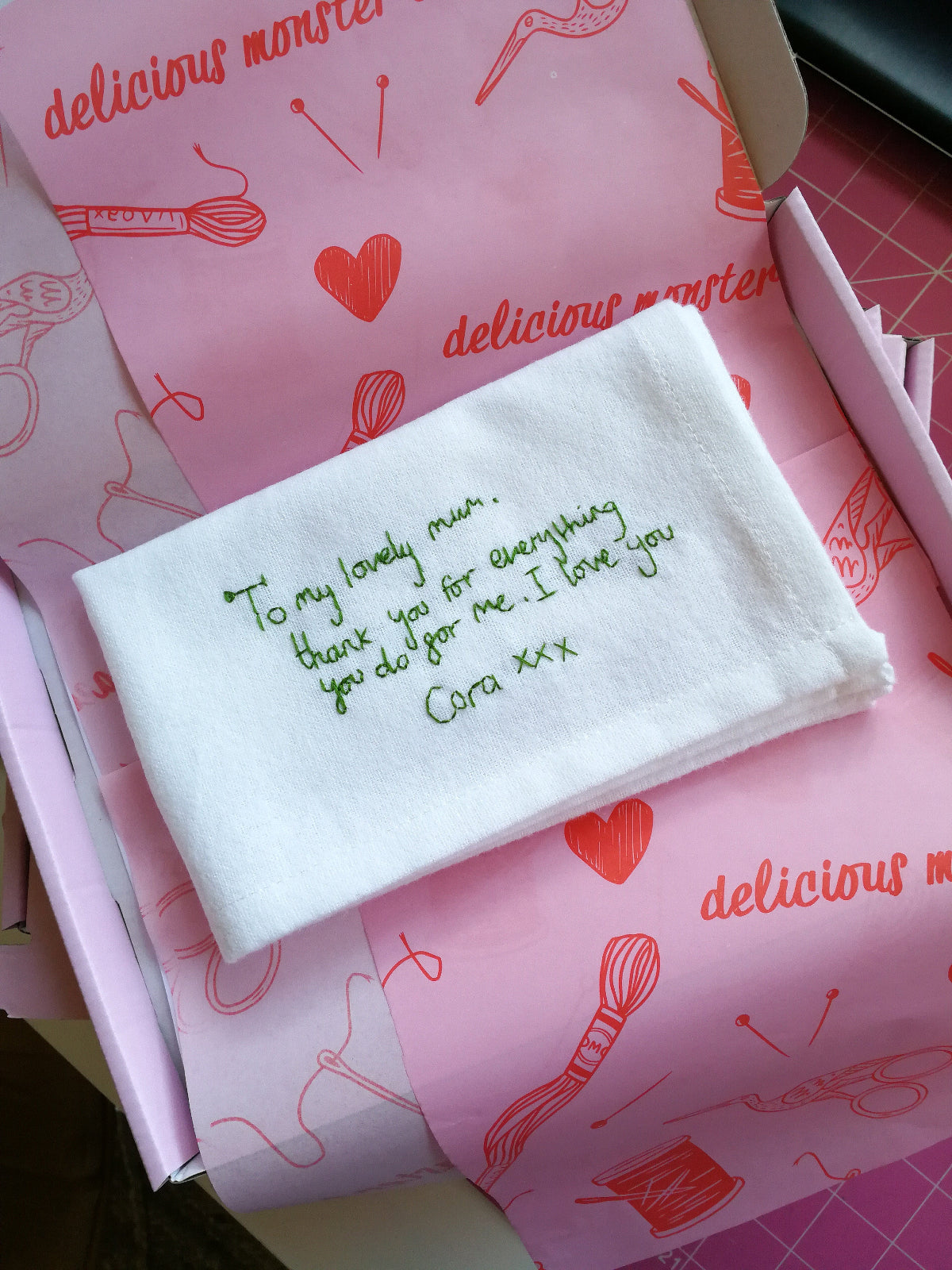 personalised handwritten handkerchief with message for mum on mothers day