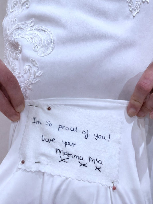 personalised wedding dress patch with memorial message from mother of the bride