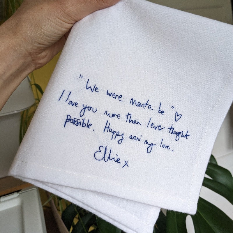 personalised handkerchiefs, made from white organic cotton, hand embroidered with custom handwritten messages