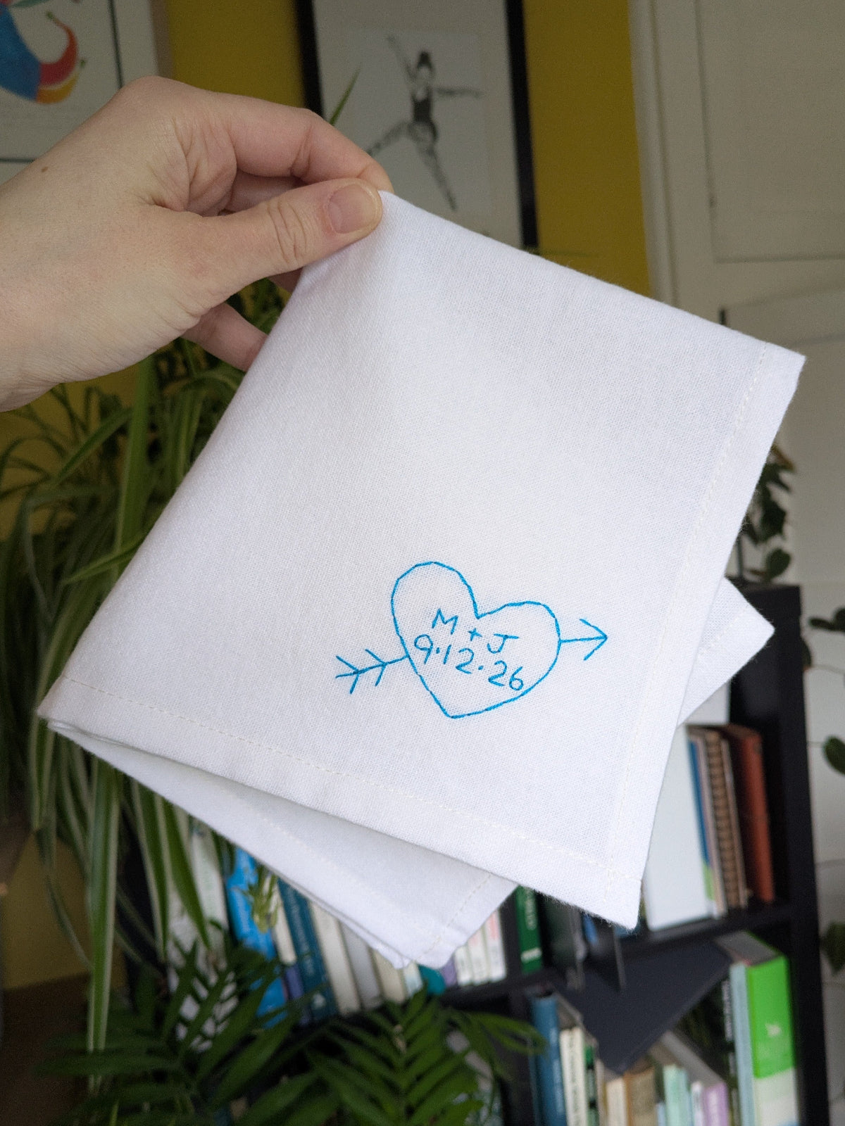 personalised initials heart handkerchief with wedding date as gift for bride's something blue