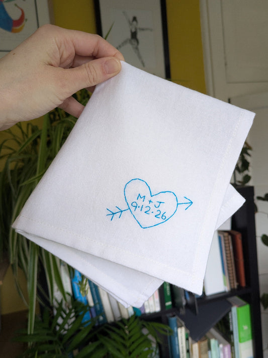 personalised initials heart handkerchief with wedding date as gift for bride's something blue