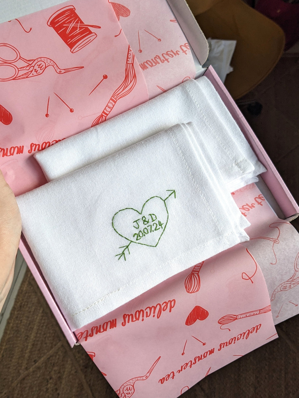personalised initials heart handkerchiefs for couple on wedding day