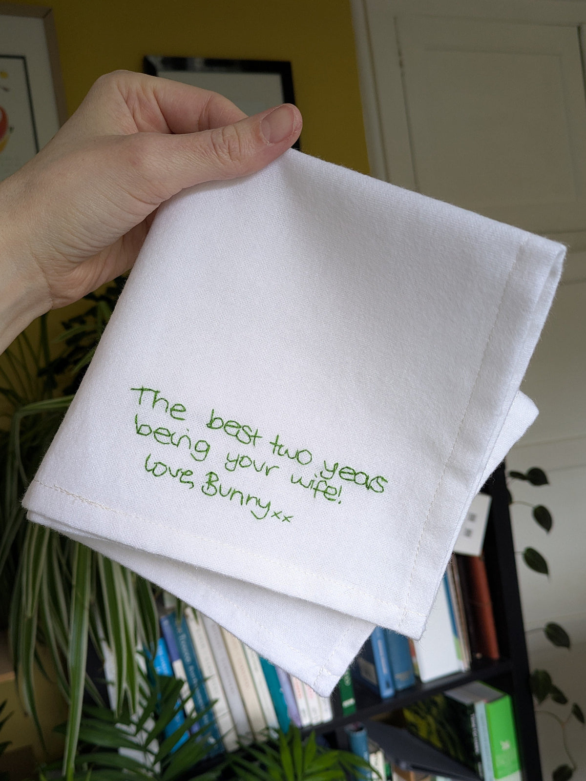 second anniversary gift for husband with handwritten note embroidered on cotton hanky
