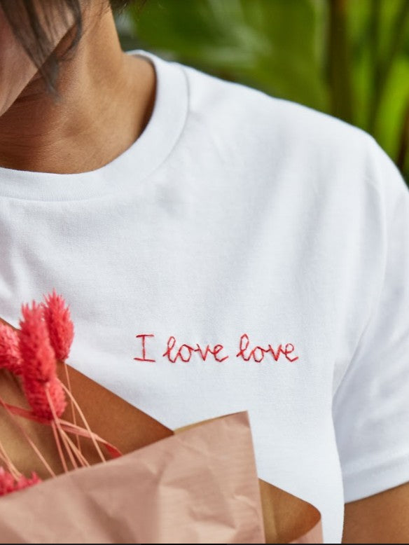 tshirt embroidered with 'i love love' as valentines day gift for girlfriend