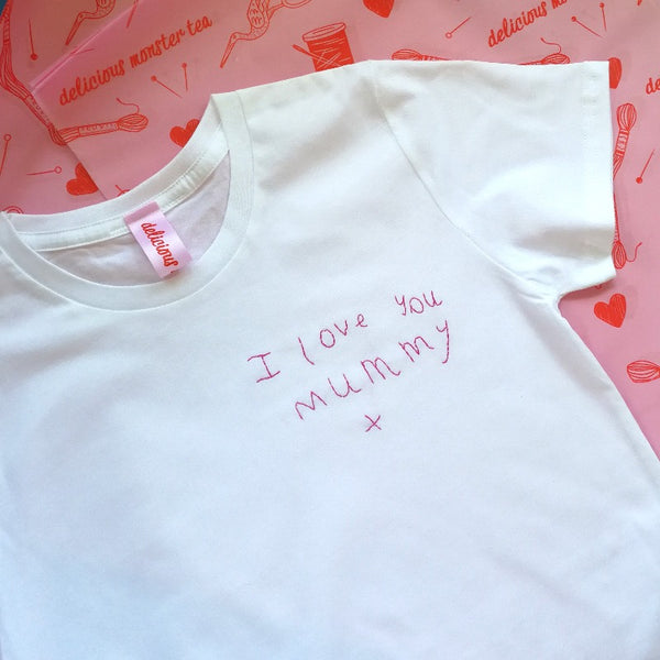 personalised t-shirt, made from white organic cotton, hand embroidered with custom child's handwritten message, as gift for mummy