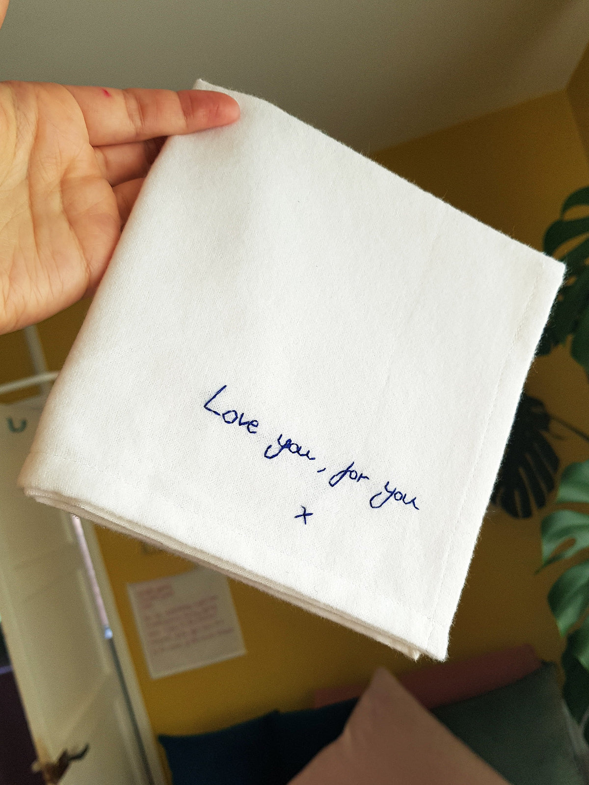 valentines day gift for boyfriend with handwritten note embroidered on cotton hanky