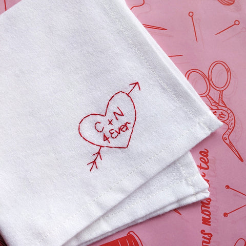 White hanky with red hand embroidered heart design