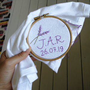 lavender initials and date organic cotton white hand embroidered personalised handkerchief for wedding gift