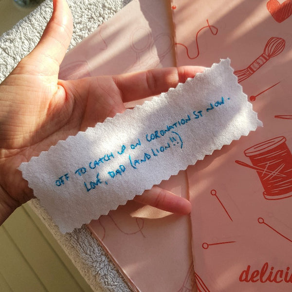 personalised wedding dress patch, hand embroidered with a message from the late father of the bride, in his handwriting, as a something blue memorial gift in memory of dad