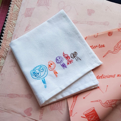 personalised handkerchief, made from white organic cotton, hand embroidered with kids drawing of family portrait, as gift for dad from child