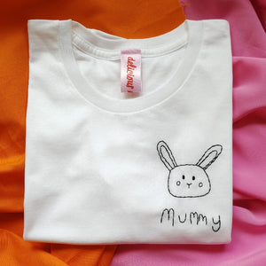 personalised t-shirt, made from white organic cotton, hand embroidered with kids drawing, as gift for mummy