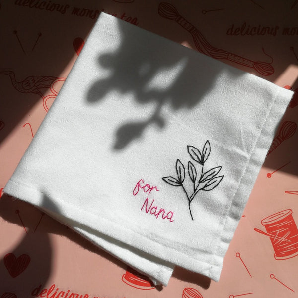 make your own personalised hanky with this embroidery kit. learn how to embroider a handkerchief using this eco craft kit for adults, suitable for beginners