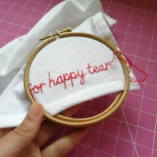 personalised handkerchief, as wedding gift for the bride, made from white organic cotton, hand embroidered with custom message - for happy tears