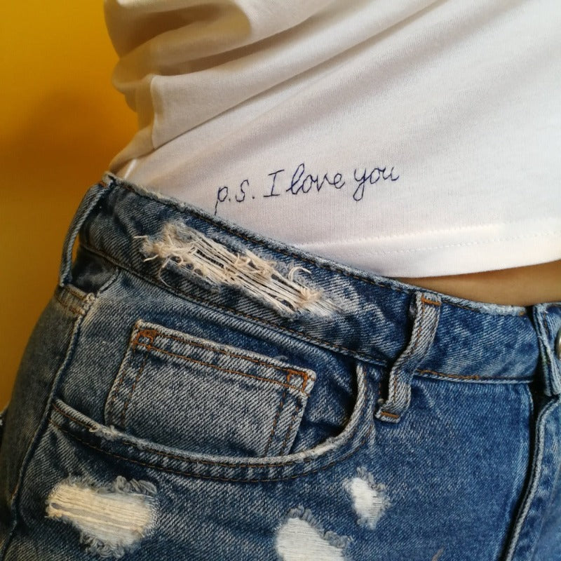 p.s. i love you hidden embroidered message on a tshirt, organic cotton white hand embroidered personalised t-shirt