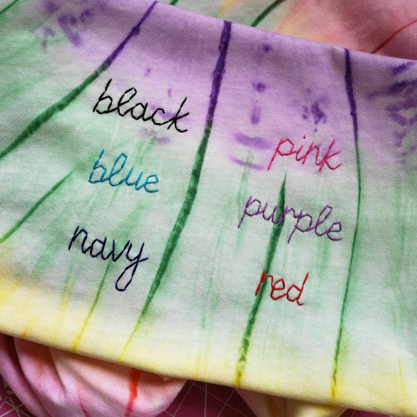 thread colour options for personalised tie dye tshirt